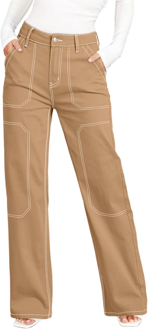 Women's Casual Mid Waist Cargo Jeans Stretch Button Wide Leg Denim Pants with Pockets