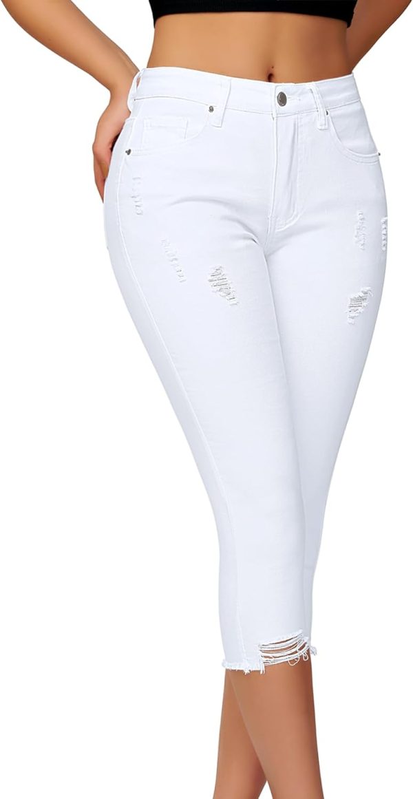 Women's Capri Pants Mid Rise Skinny Ripped Stretchy Cropped Distressed Jeans