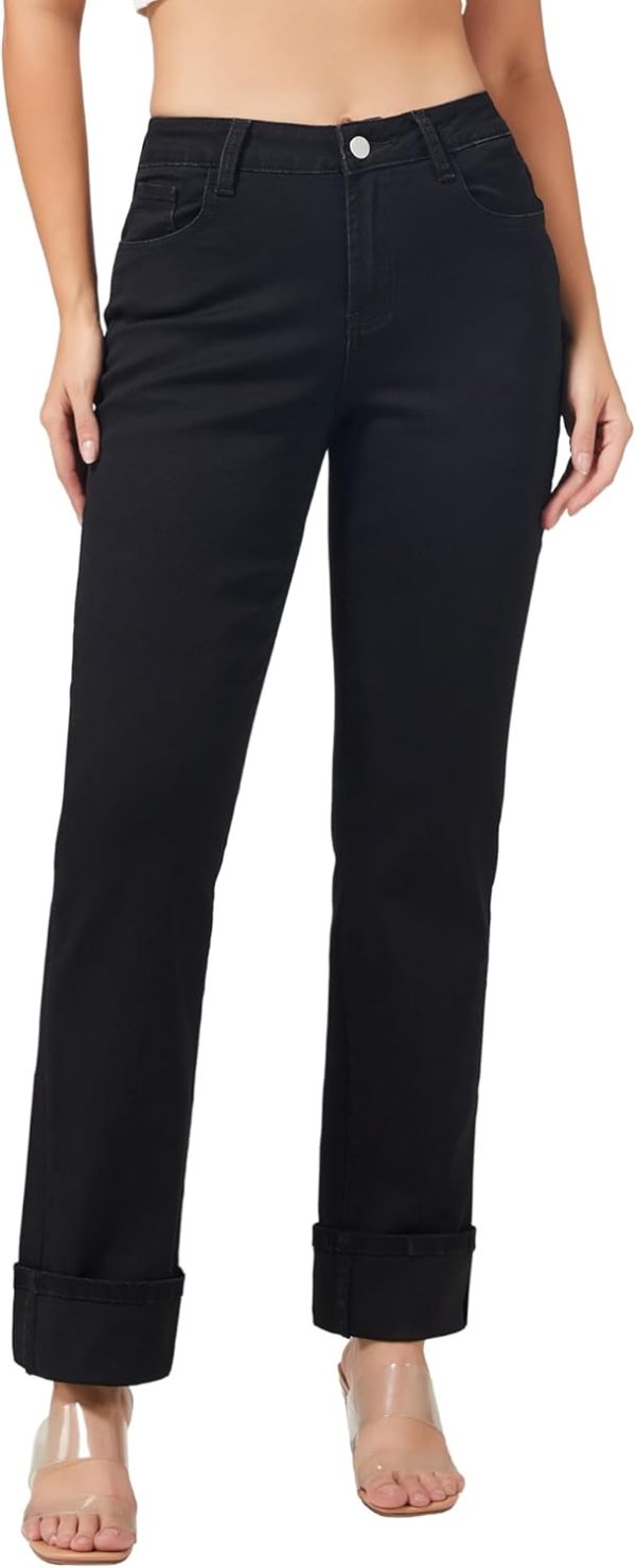 Women’s Straight Leg Jeans High Waisted Boyfriend Stretchy Cuffed Denim Pants