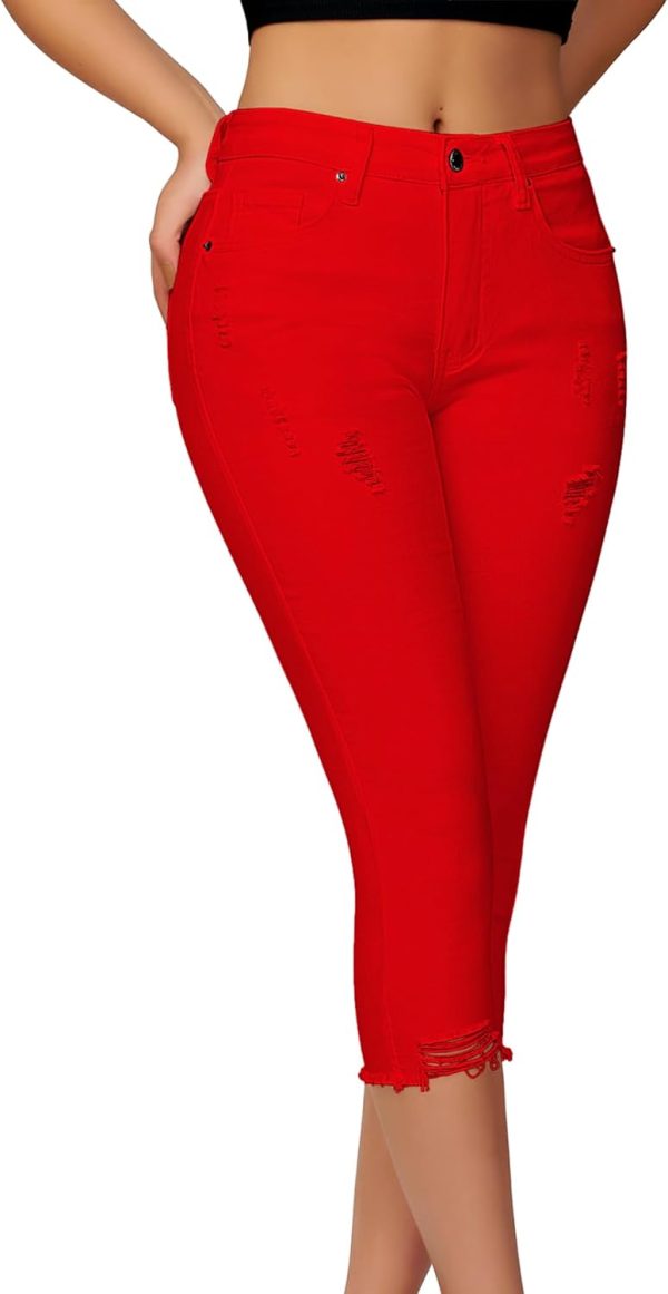 Women's Capri Pants Mid Rise Skinny Ripped Stretchy Cropped Distressed Jeans