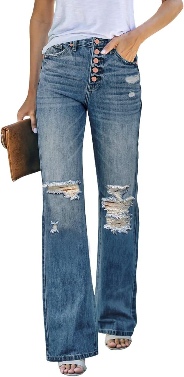 High Waisted Ripped Flare Jeans for Women Distressed Bell Bottom Jeans Wide Leg Pants
