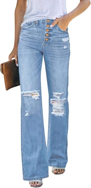 High Waisted Ripped Flare Jeans for Women Distressed Bell Bottom Jeans Wide Leg Pants