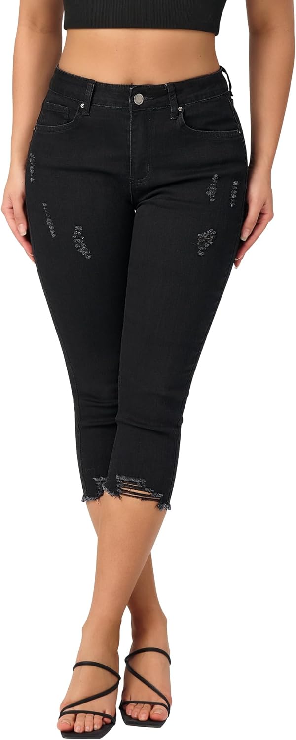 Women's Capri Pants Mid Rise Skinny Ripped Stretchy Cropped Distressed Jeans