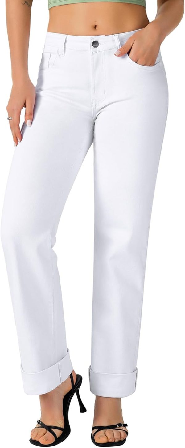 Women’s Straight Leg Jeans High Waisted Boyfriend Stretchy Cuffed Denim Pants