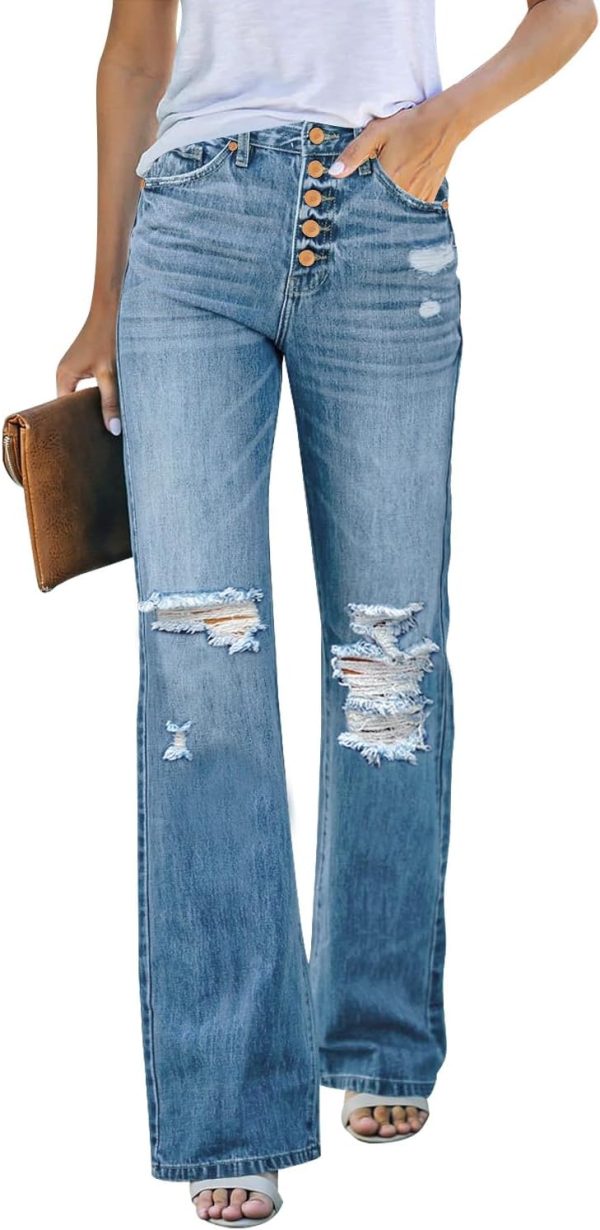 High Waisted Ripped Flare Jeans for Women Distressed Bell Bottom Jeans Wide Leg Pants