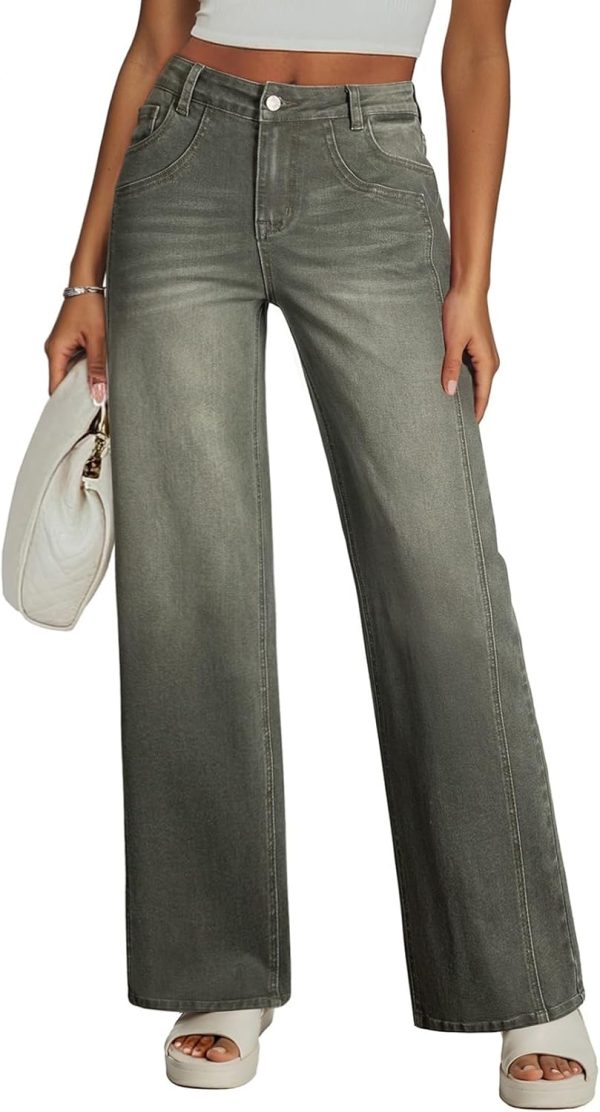 Women's Wide Leg Jeans High Waisted Stretchy Jeans Straight Leg Trendy Patchwork Loose Fit Denim Pants