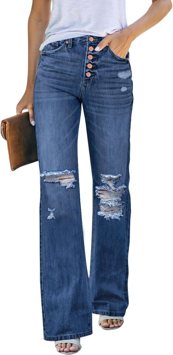 High Waisted Ripped Flare Jeans for Women Distressed Bell Bottom Jeans Wide Leg Pants