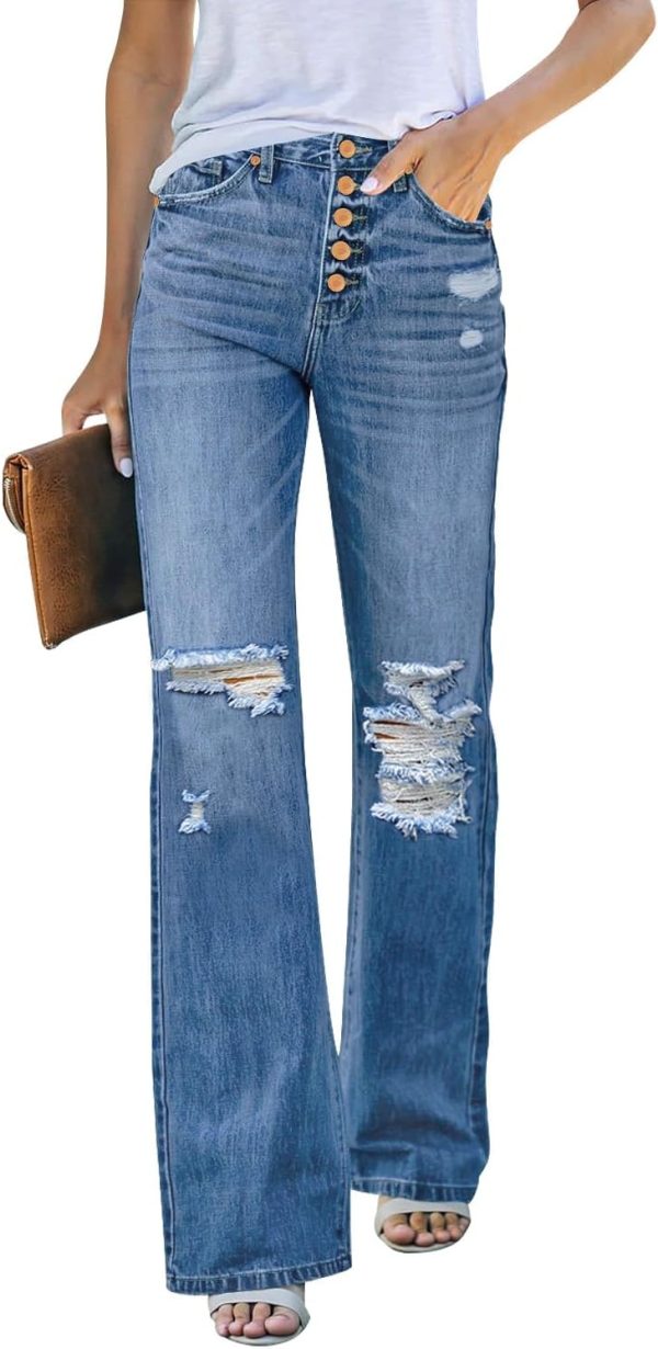 High Waisted Ripped Flare Jeans for Women Distressed Bell Bottom Jeans Wide Leg Pants