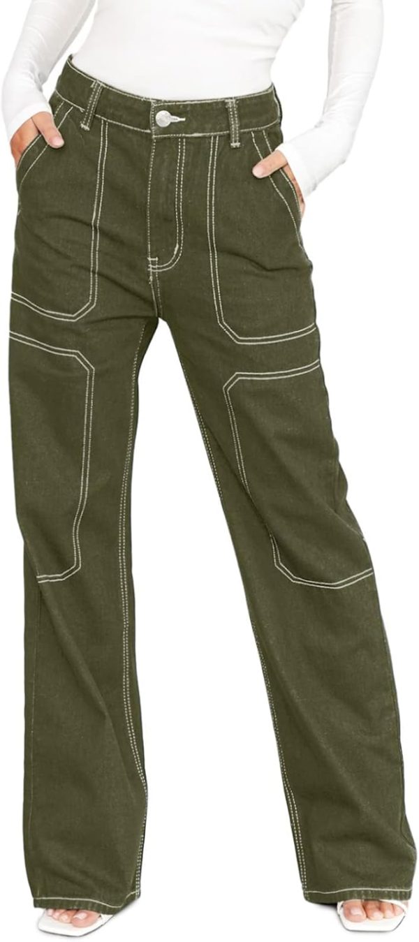 Women's Casual Mid Waist Cargo Jeans Stretch Button Wide Leg Denim Pants with Pockets