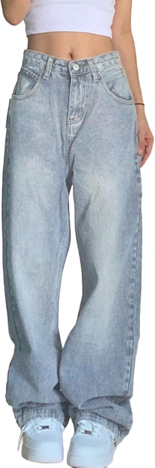 Women Baggy Jeans Mid-Low Waist Boyfriend Streetwear Vintage Jeans Wide Leg Denim Pants