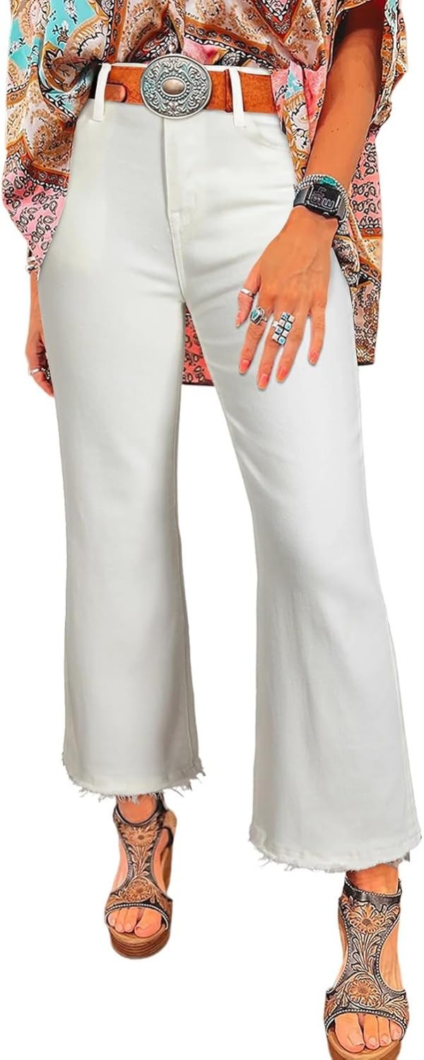 Womens High Waisted Jeans Stretchy Flared Straight Leg Loose Trendy Raw Hem Denim Pants