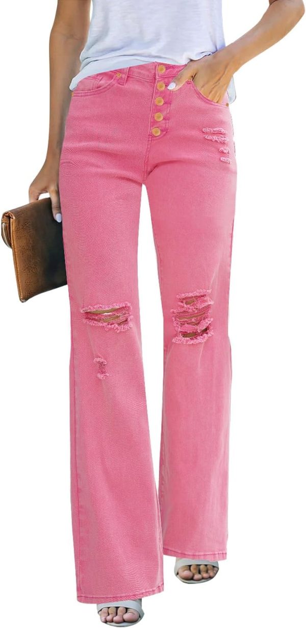 High Waisted Ripped Flare Jeans for Women Distressed Bell Bottom Jeans Wide Leg Pants