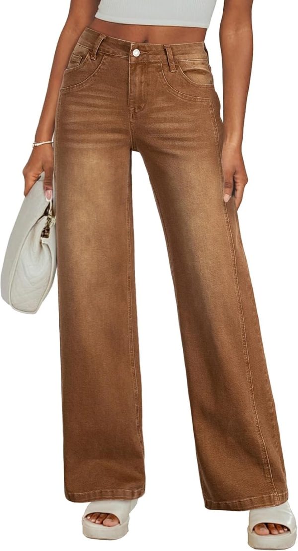 Women's Wide Leg Jeans High Waisted Stretchy Jeans Straight Leg Trendy Patchwork Loose Fit Denim Pants