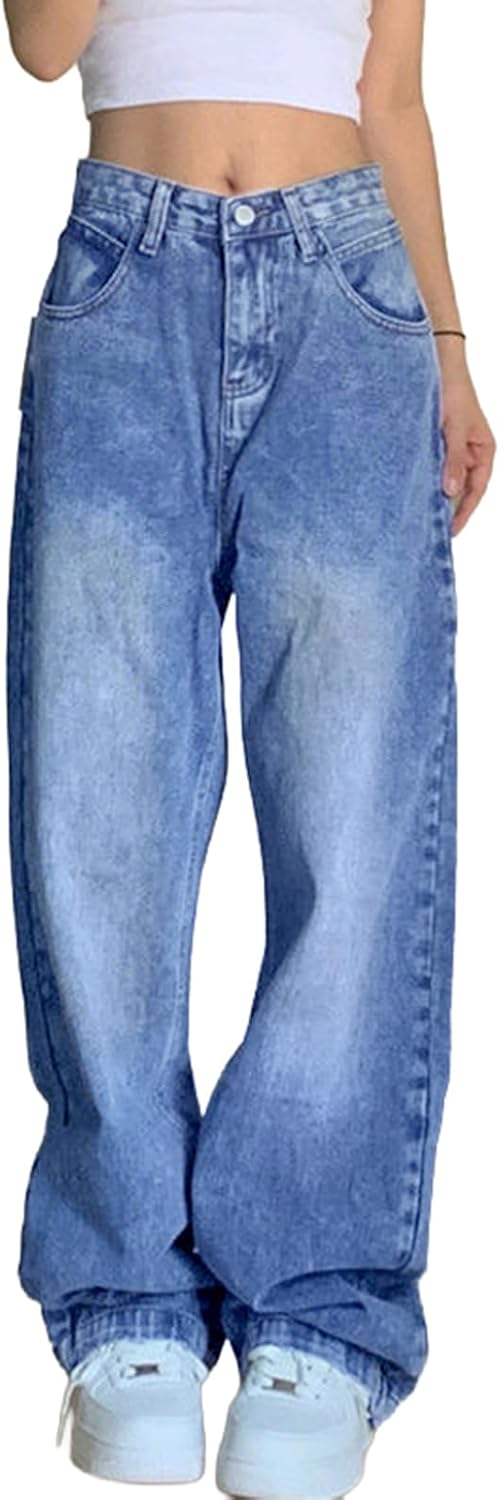 Women Baggy Jeans Mid-Low Waist Boyfriend Streetwear Vintage Jeans Wide Leg Denim Pants