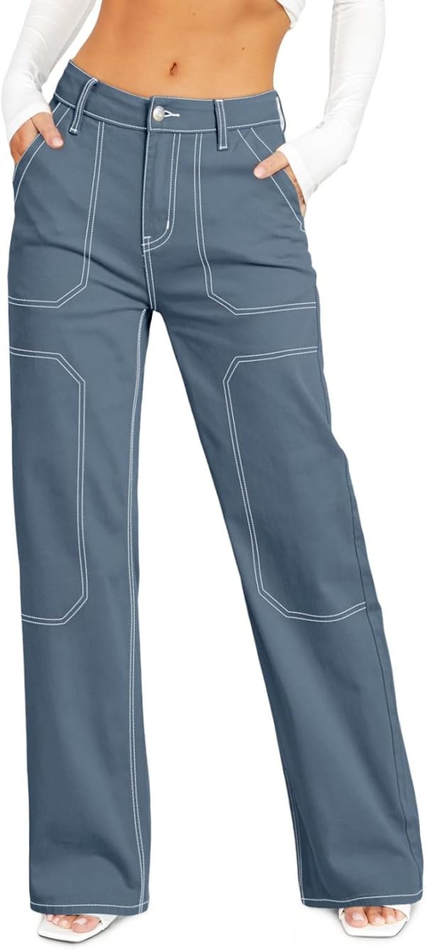 Women's Casual Mid Waist Cargo Jeans Stretch Button Wide Leg Denim Pants with Pockets