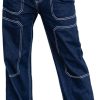 Women's Casual Mid Waist Cargo Jeans Stretch Button Wide Leg Denim Pants with Pockets