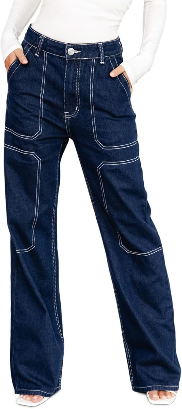 Women's Casual Mid Waist Cargo Jeans Stretch Button Wide Leg Denim Pants with Pockets