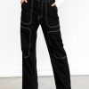 Women's Casual Mid Waist Cargo Jeans Stretch Button Wide Leg Denim Pants with Pockets