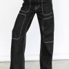Women's Casual Mid Waist Cargo Jeans Stretch Button Wide Leg Denim Pants with Pockets