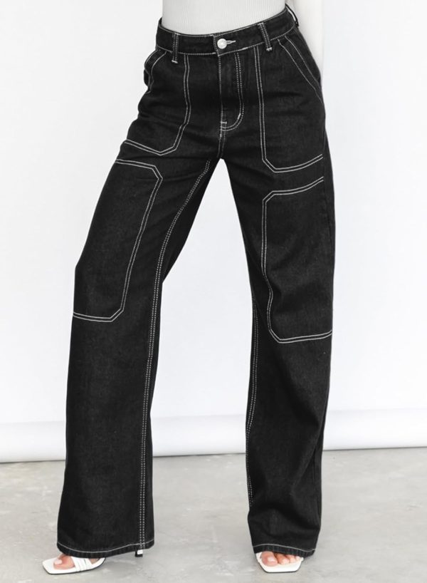 Women's Casual Mid Waist Cargo Jeans Stretch Button Wide Leg Denim Pants with Pockets