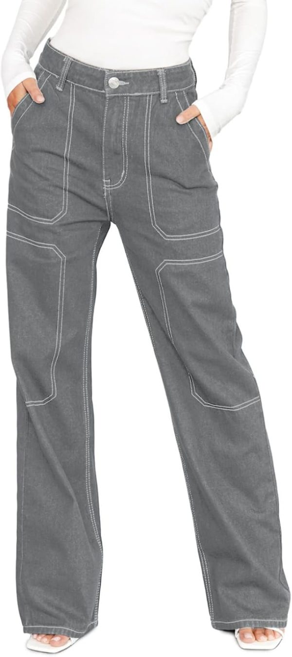 Women's Casual Mid Waist Cargo Jeans Stretch Button Wide Leg Denim Pants with Pockets