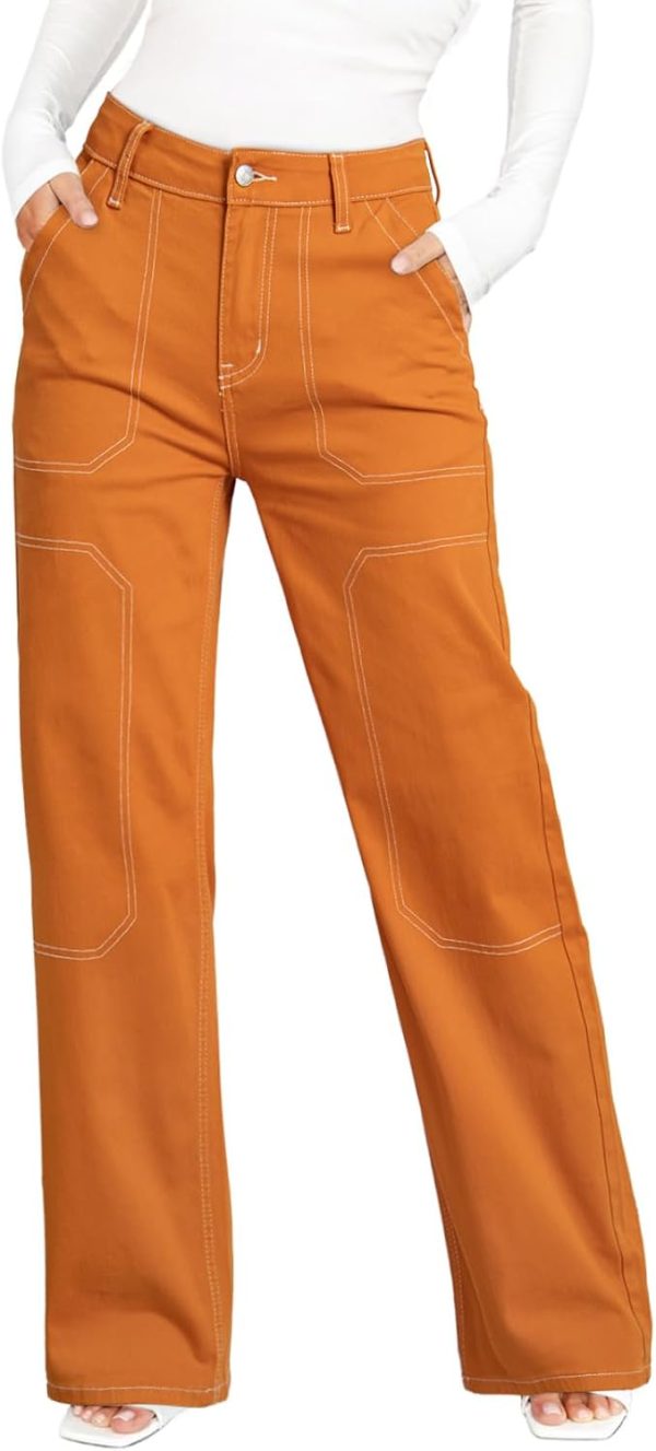 Women's Casual Mid Waist Cargo Jeans Stretch Button Wide Leg Denim Pants with Pockets