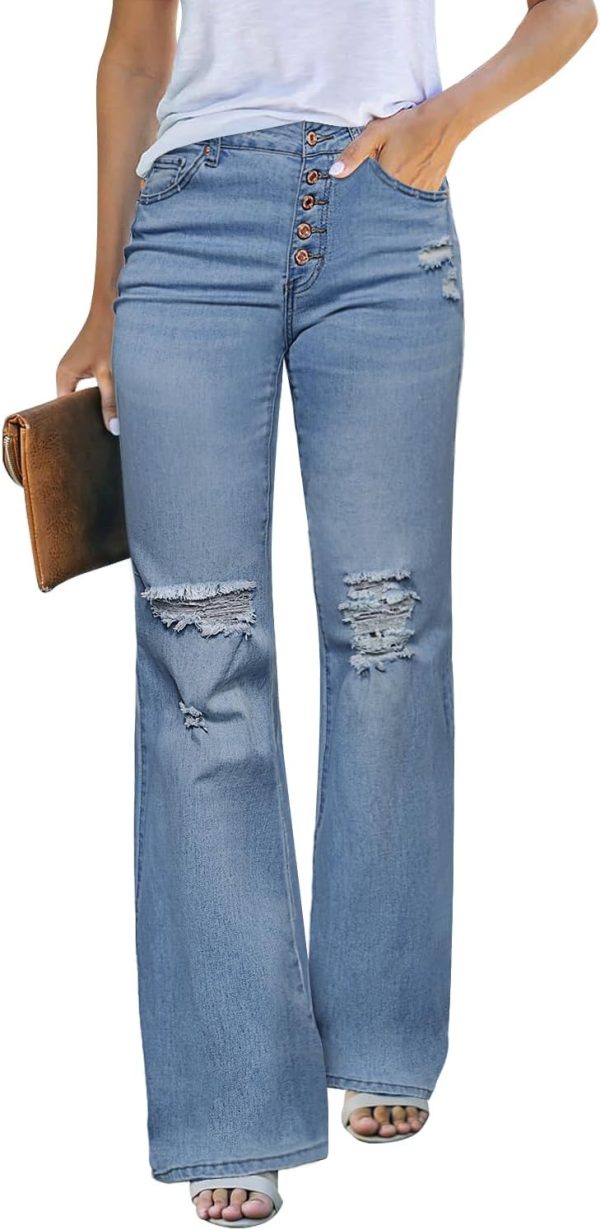 High Waisted Ripped Flare Jeans for Women Distressed Bell Bottom Jeans Wide Leg Pants