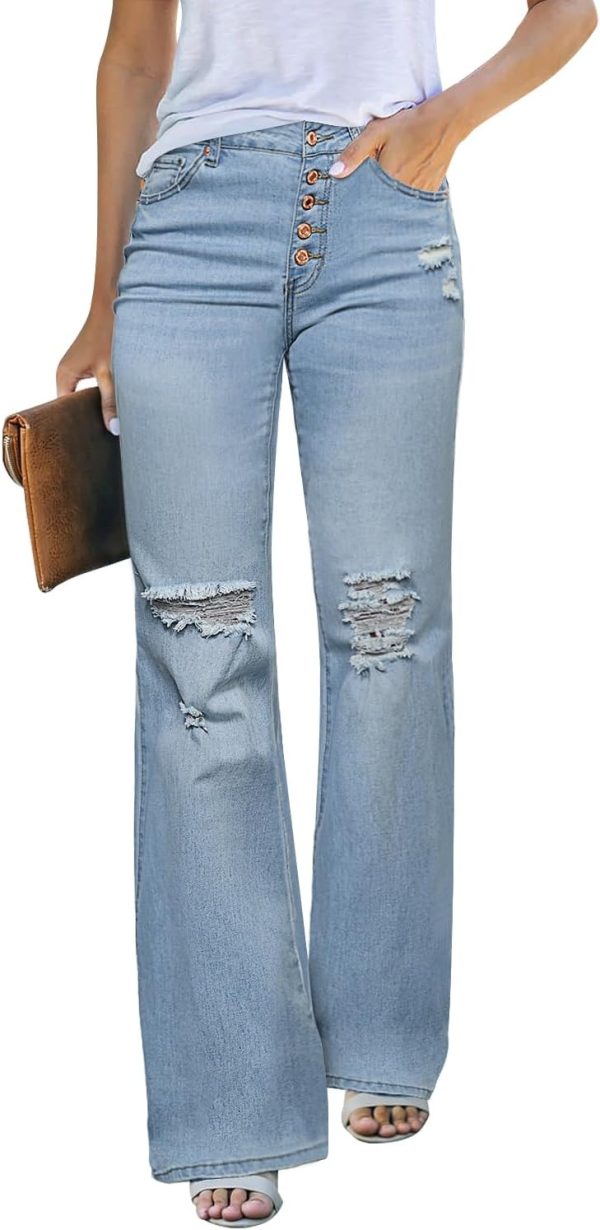 High Waisted Ripped Flare Jeans for Women Distressed Bell Bottom Jeans Wide Leg Pants