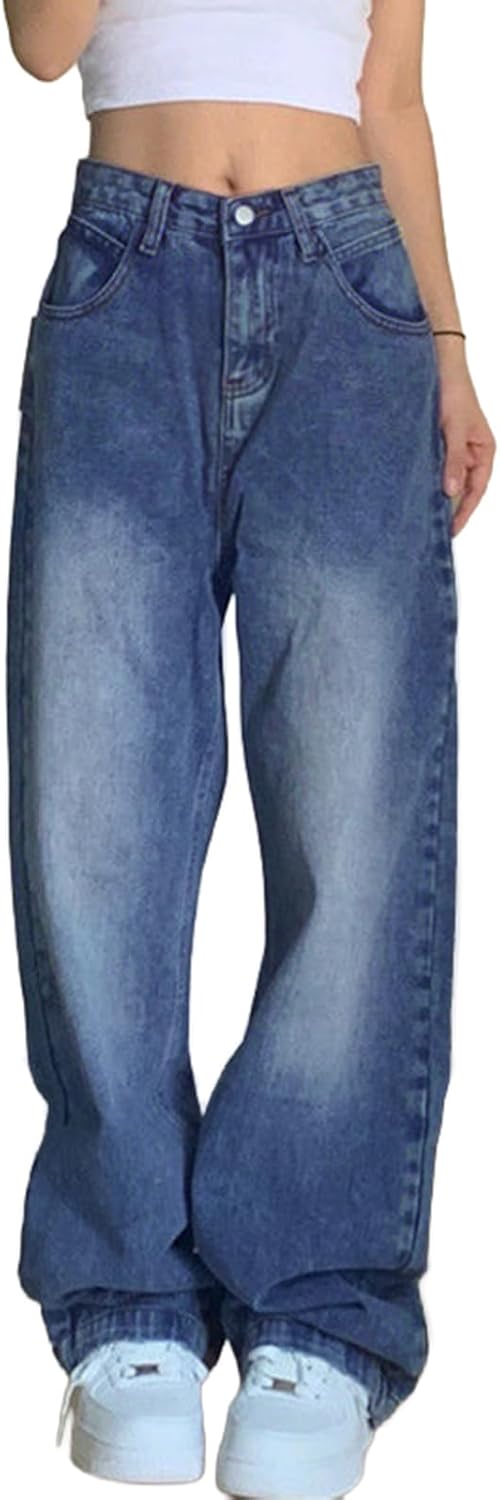 Women Baggy Jeans Mid-Low Waist Boyfriend Streetwear Vintage Jeans Wide Leg Denim Pants