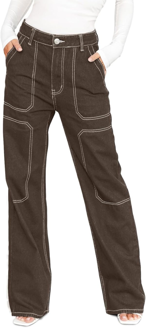 Women's Casual Mid Waist Cargo Jeans Stretch Button Wide Leg Denim Pants with Pockets