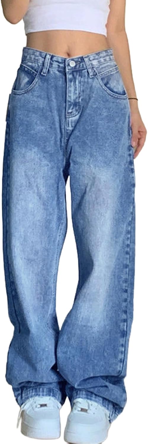 Women Baggy Jeans Mid-Low Waist Boyfriend Streetwear Vintage Jeans Wide Leg Denim Pants