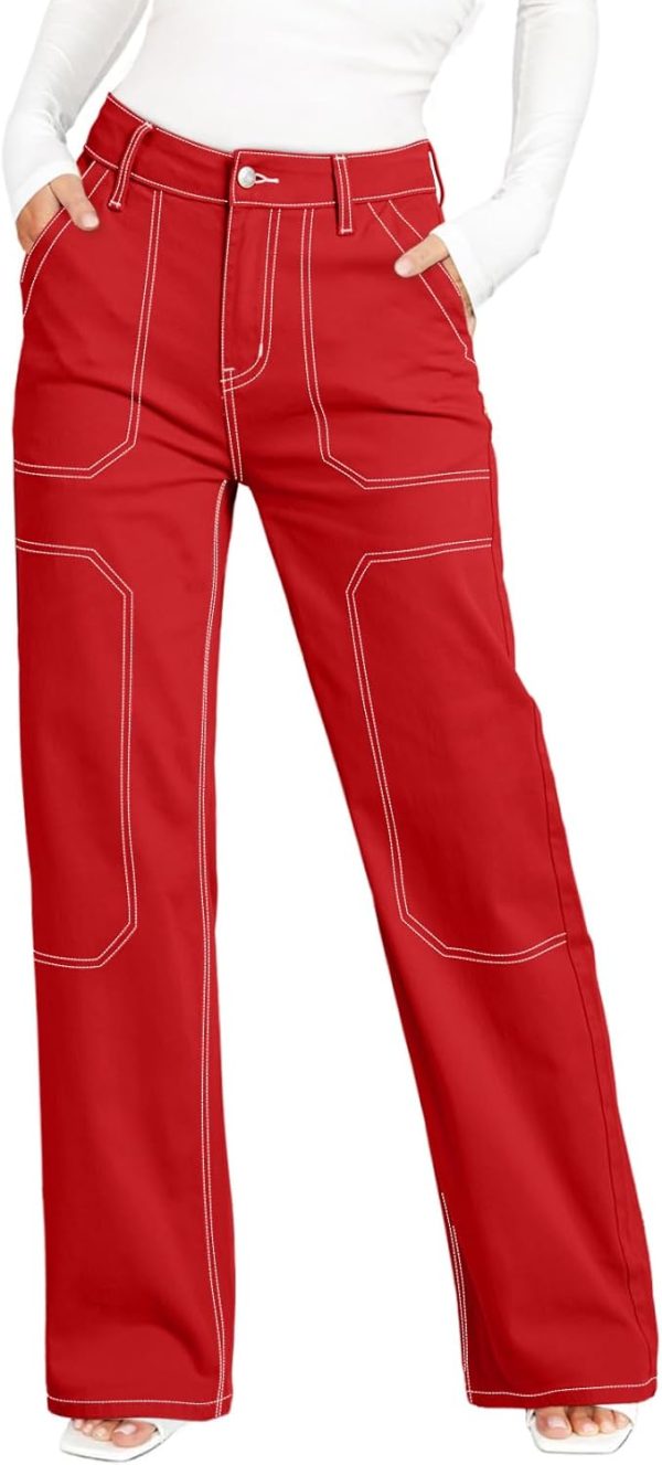 Women's Casual Mid Waist Cargo Jeans Stretch Button Wide Leg Denim Pants with Pockets