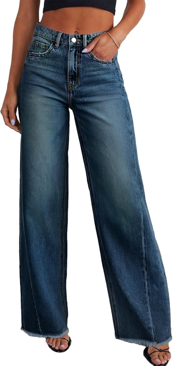 Women's Wide Leg Jeans High Waisted Stretchy Raw Hem Zimbaplatinum Denim Pants