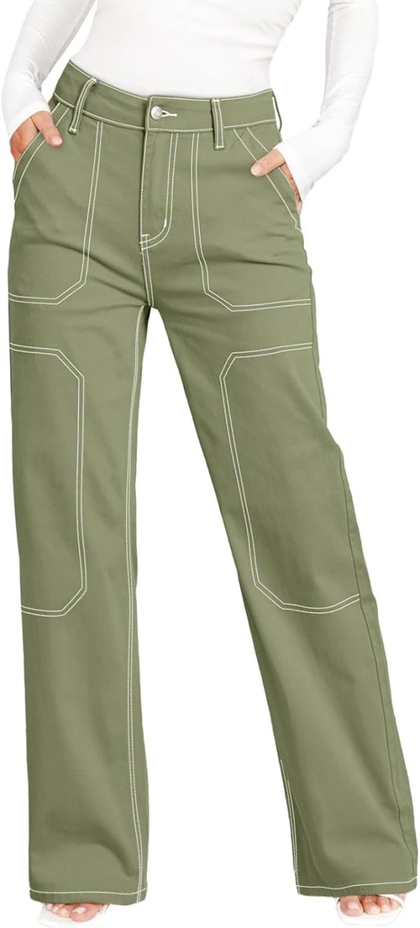 Women's Casual Mid Waist Cargo Jeans Stretch Button Wide Leg Denim Pants with Pockets