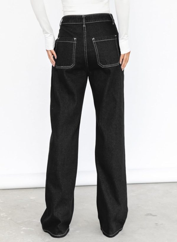 Women's Casual Mid Waist Cargo Jeans Stretch Button Wide Leg Denim Pants with Pockets