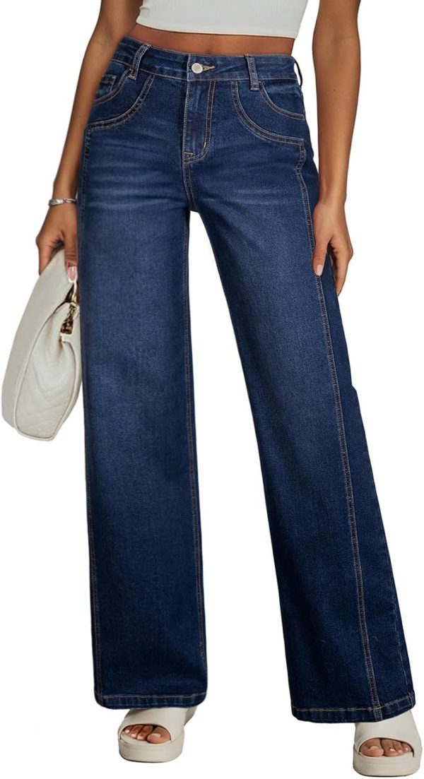 Women's Wide Leg Jeans High Waisted Stretchy Jeans Straight Leg Trendy Patchwork Loose Fit Denim Pants