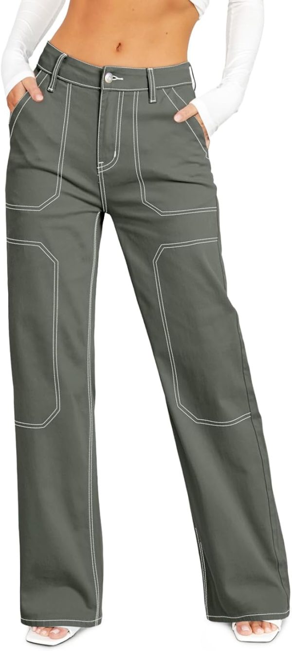 Women's Casual Mid Waist Cargo Jeans Stretch Button Wide Leg Denim Pants with Pockets