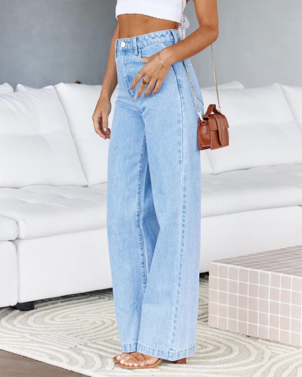 Women's High Waisted Jeans Boyfriend Baggy Straight Leg Casual Denim Pants with Pockets Light Blue