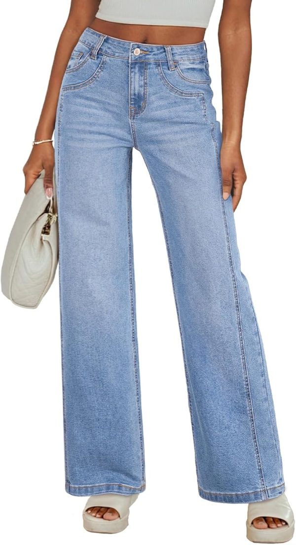 Women's Wide Leg Jeans High Waisted Stretchy Jeans Straight Leg Trendy Patchwork Loose Fit Denim Pants