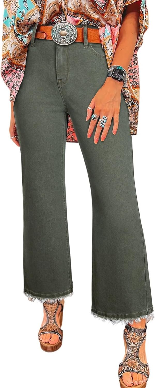 Womens High Waisted Jeans Stretchy Flared Straight Leg Loose Trendy Raw Hem Denim Pants