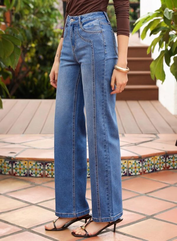 Women's Wide Leg Jeans High Waisted Stretchy Jeans Straight Leg Trendy Patchwork Loose Fit Denim Pants
