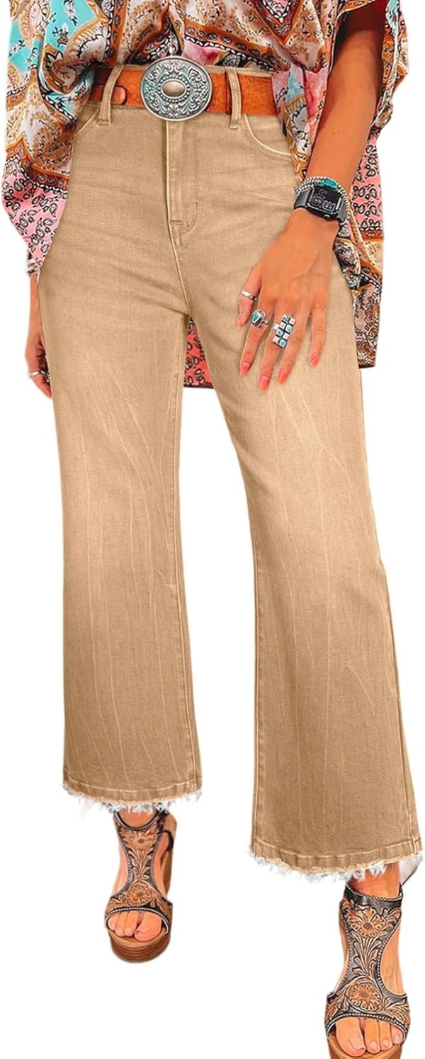 Womens High Waisted Jeans Stretchy Flared Straight Leg Loose Trendy Raw Hem Denim Pants