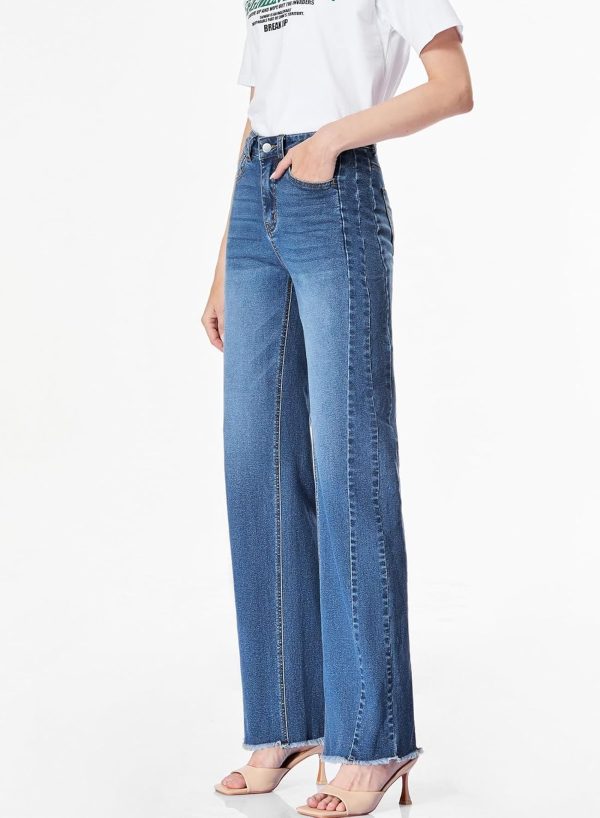 Women's Wide Leg Jeans High Waisted Stretchy Raw Hem Zimbaplatinum Denim Pants