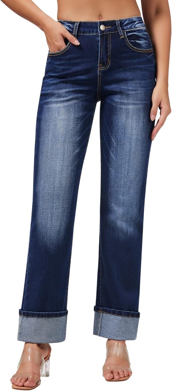 Women’s Straight Leg Jeans High Waisted Boyfriend Stretchy Cuffed Denim Pants