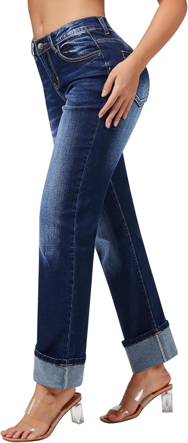 Women’s Straight Leg Jeans High Waisted Boyfriend Stretchy Cuffed Denim Pants