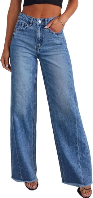 71COA9r5sYL._AC_SL1500_ Women's Wide Leg Jeans High Waisted Stretchy Raw Hem Zimbaplatinum Denim Pants