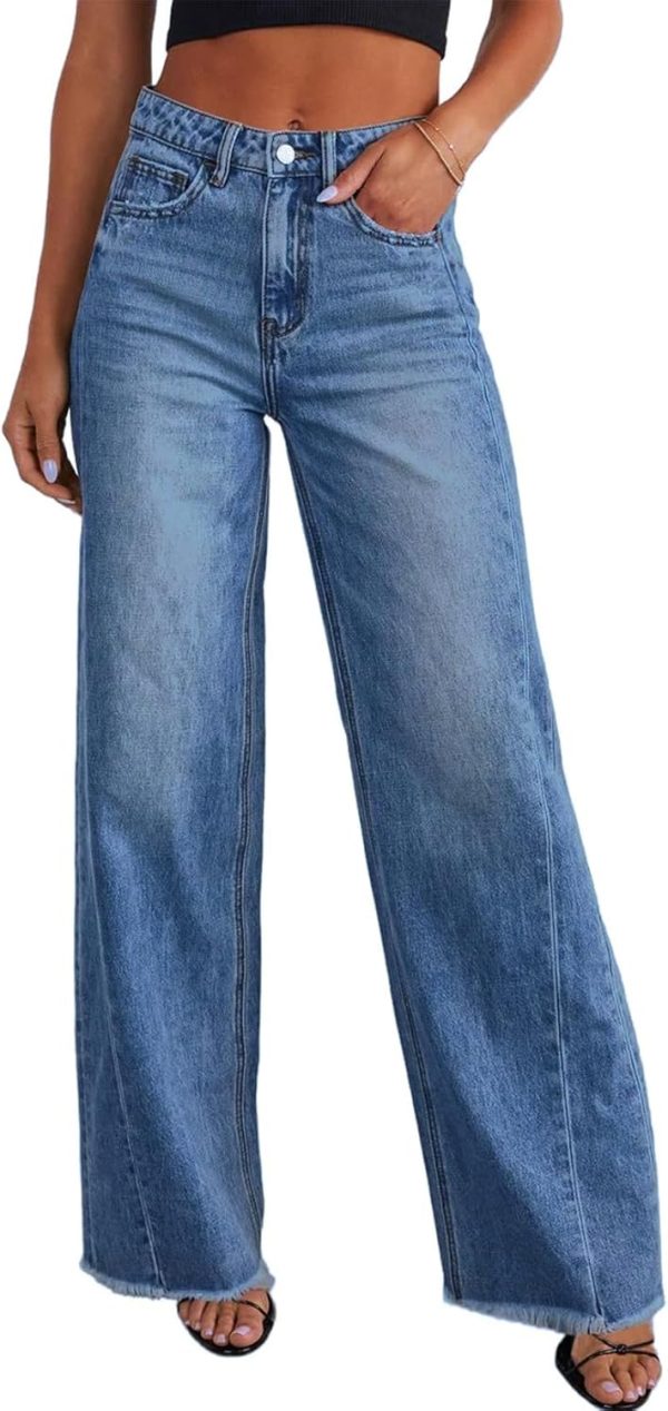 Women's Wide Leg Jeans High Waisted Stretchy Raw Hem Zimbaplatinum Denim Pants