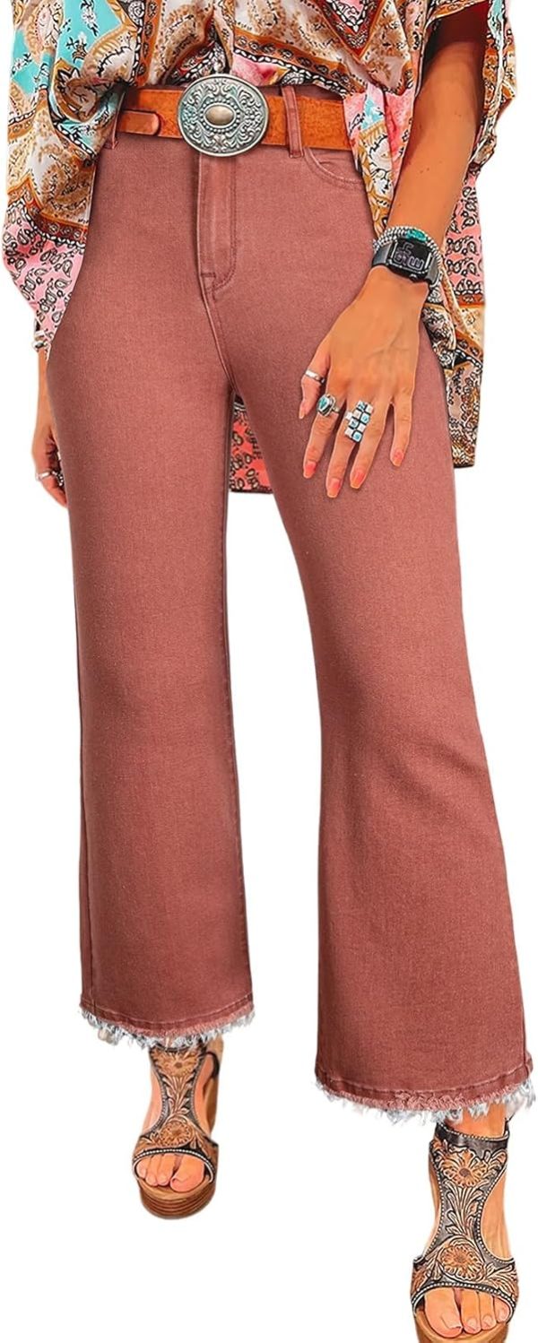 Womens High Waisted Jeans Stretchy Flared Straight Leg Loose Trendy Raw Hem Denim Pants