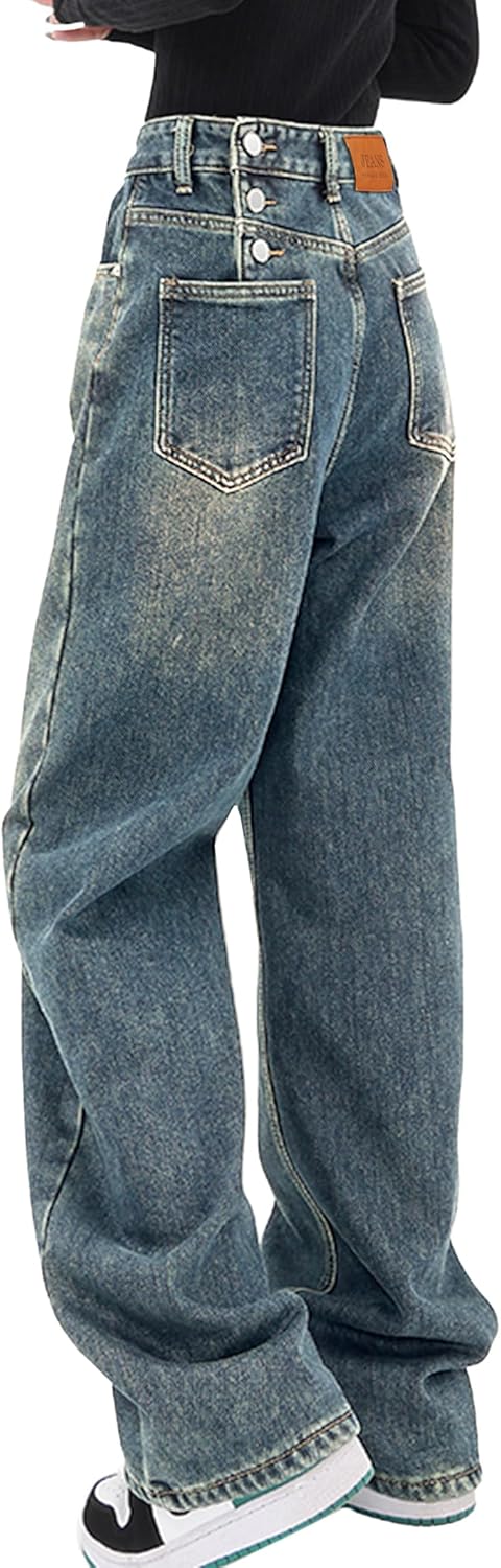 Women Baggy Jeans Mid-Low Waist Boyfriend Streetwear Vintage Jeans Wide Leg Denim Pants