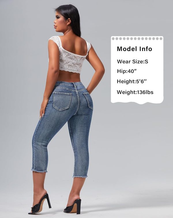 Women's Capri Pants Mid Rise Skinny Ripped Stretchy Cropped Distressed Jeans